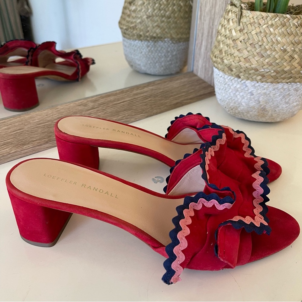 LOEFFLER RANDALL Vera City Red Suede Ruffle Slide Sandals - Picture 6 of 15